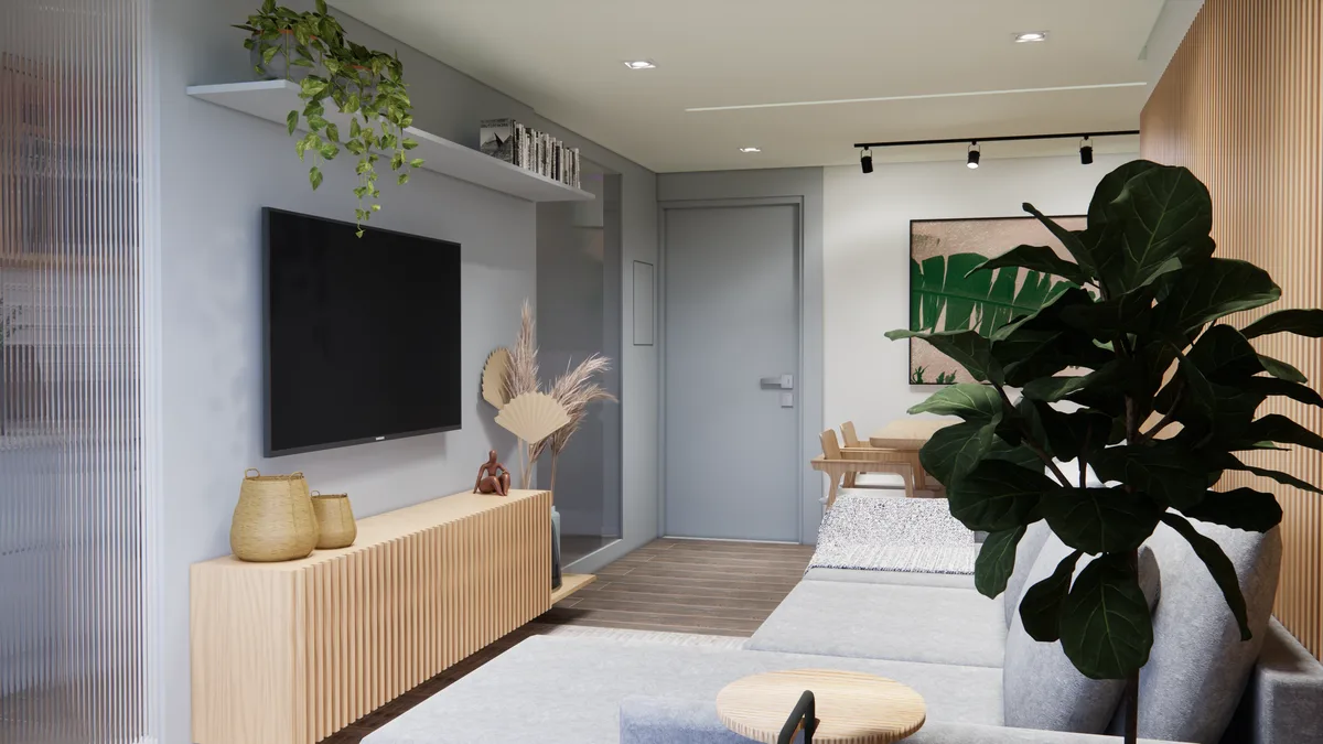 Design de interiores - sala de estar com painel ripado e iluminação